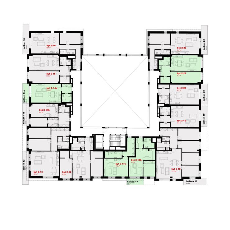 Umístění a výměry bytů, developerský projekt, Plzeň Nové Skvrňany